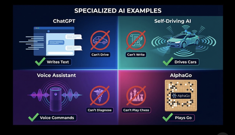 AI vs AGI: The fundamental difference - AI is narrow and task-specific, AGI would be general-purpose