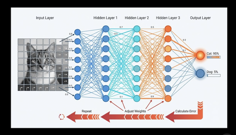 How current AI works: Training data → Neural network → Pattern recognition → Output