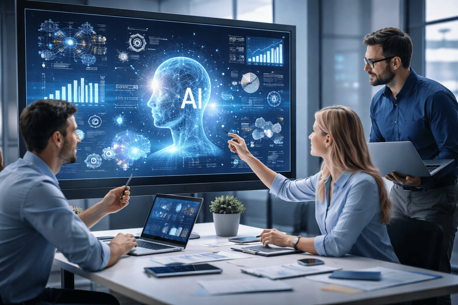 Business team collaborating with AI visualizations and data analytics