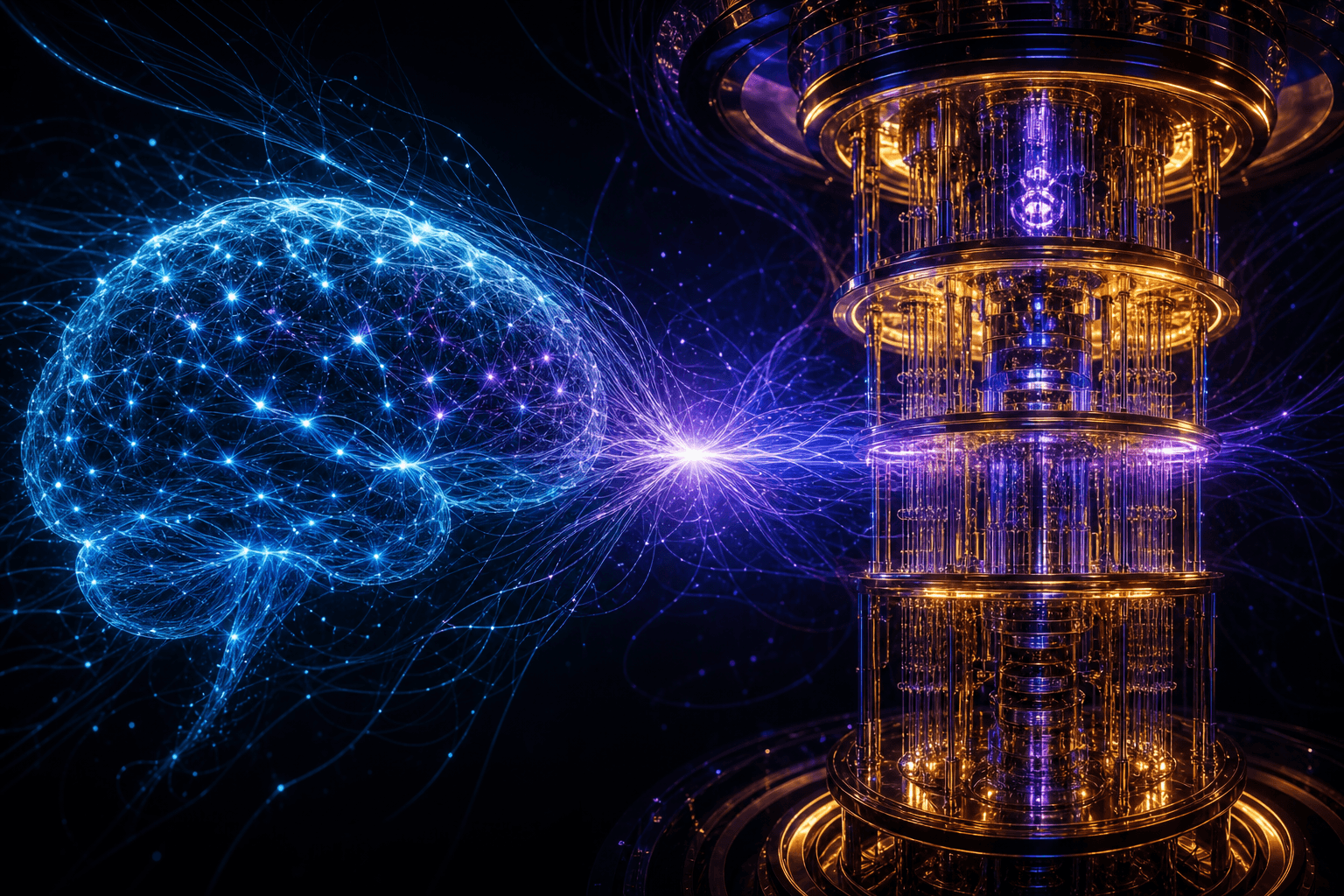 A glowing blue neural-network brain streams energy into a golden quantum-computer core, illustrating the moment artificial intelligence and quantum computing converge into a single, more powerful and more dangerous, computing era.