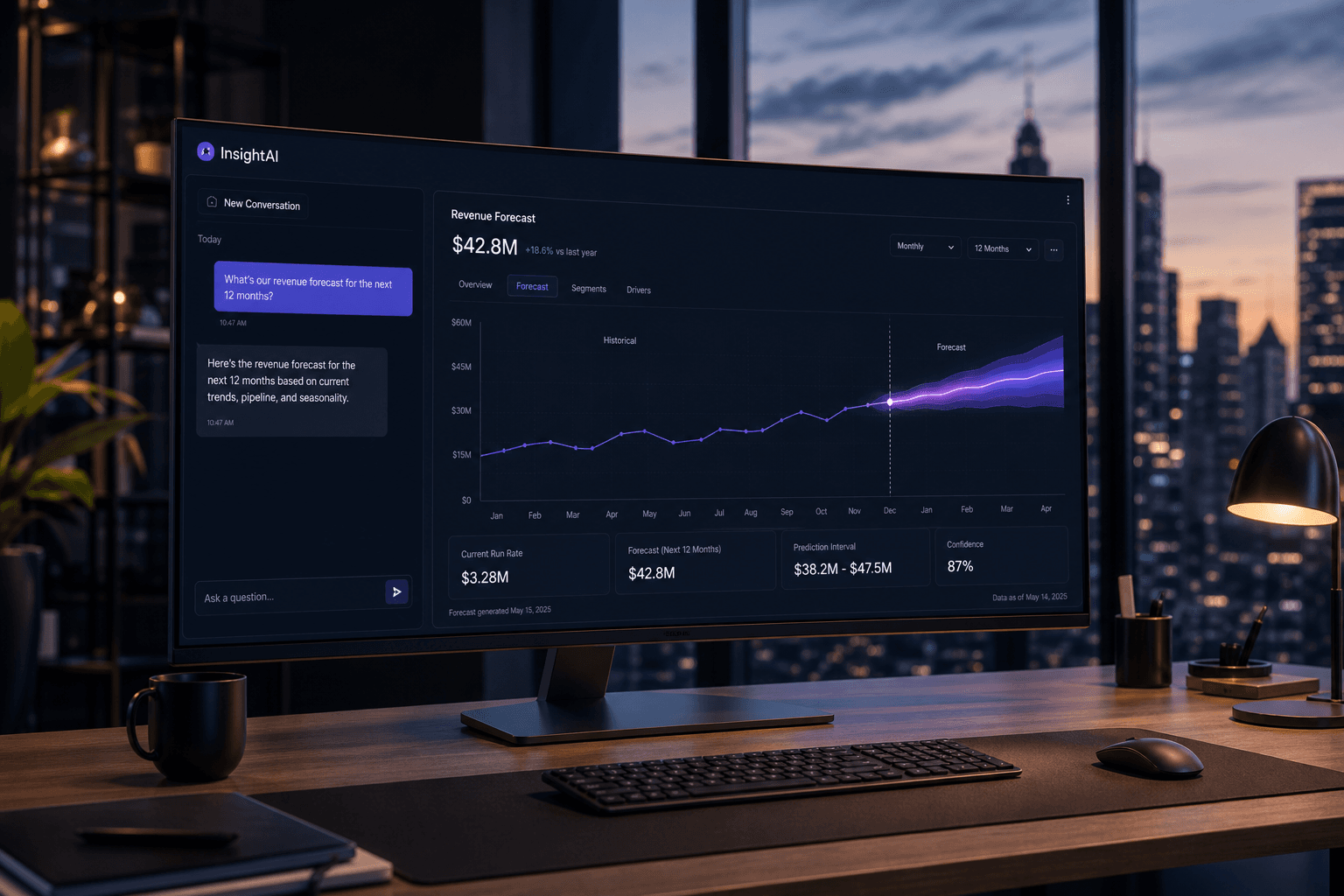 Executive desk at dusk with a conversational AI interface answering a revenue forecast question