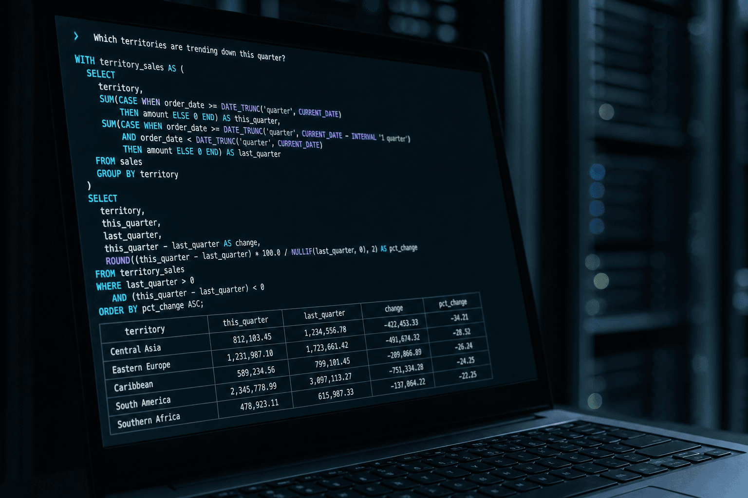 Laptop in a server room showing a plain-English question converted to SQL and a results table