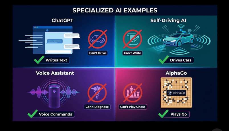 AI vs AGI: The fundamental difference - AI is narrow and task-specific, AGI would be general-purpose
