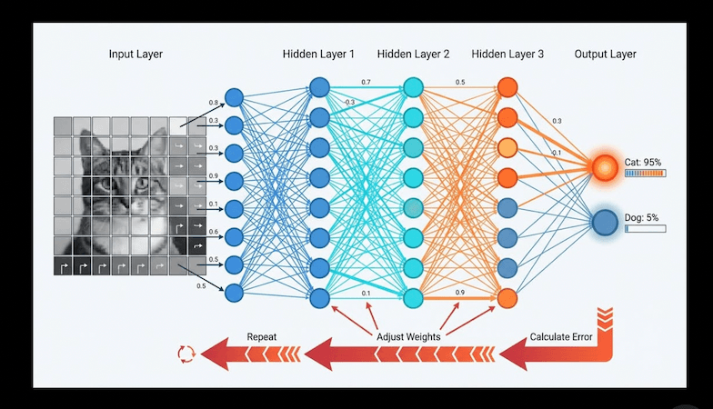 How current AI works: Training data → Neural network → Pattern recognition → Output